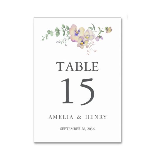 Numéro de table de mariage floral Viola & Eucalypt