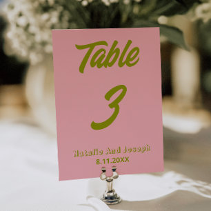 Numéro de table de mariage funky couleur vert rose