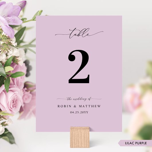 Numéro de table de mariage lilas violet élégant et