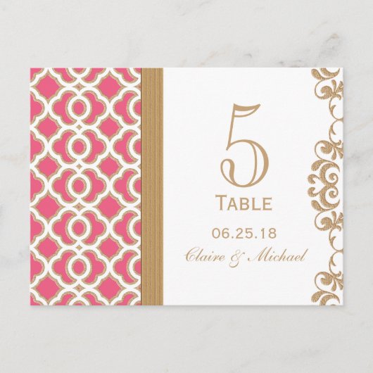 Numéro de table de Mariage marocain rose et or cha (Devant)