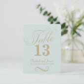 Numéro de table de mariage moderne bleu or script (Debout devant)