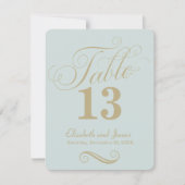 Numéro de table de mariage moderne bleu or script (Devant)
