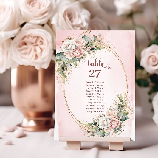 Numéro de table de mariage moderne rose poudré flo