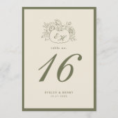 Numéro de table de mariage monogramme olive crème (Dos)