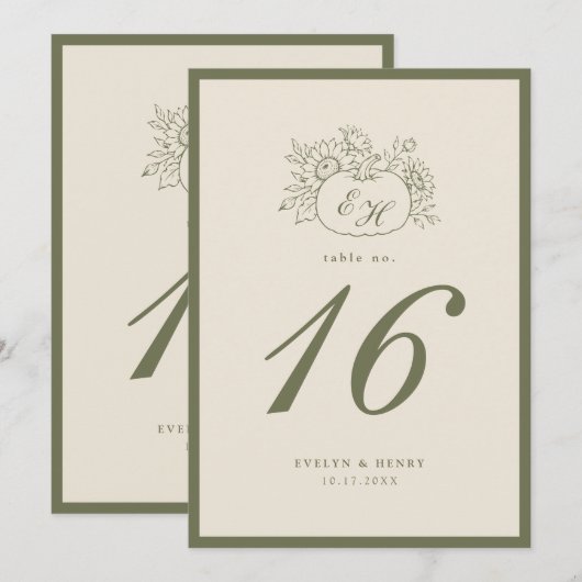 Numéro de table de mariage monogramme olive crème (Devant / Derrière)