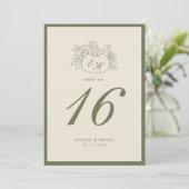 Numéro de table de mariage monogramme olive crème (Debout devant)