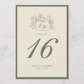 Numéro de table de mariage monogramme olive crème (Devant)