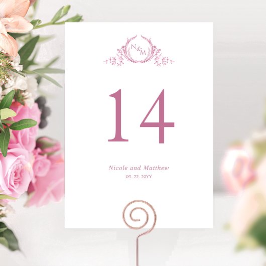 Numéro de Table de Mariage Monogramme Rose et Blan