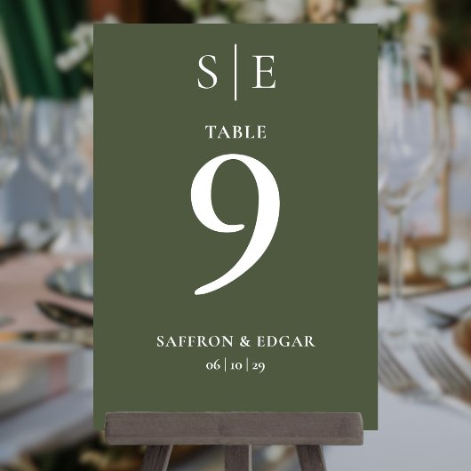 Numéro de table de mariage Monogramme Vert Olive 