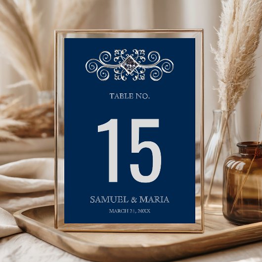 Numéro de table de mariage Navy Blue Silver Flouri