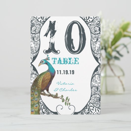 Numéro de table de mariage Navy Whimsical Paon Lov (Debout devant)