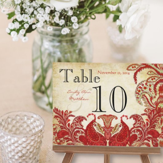Numéro de table de mariage Paisley Lime Corail Rou