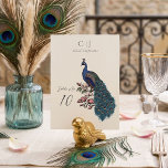 Numéro de table de mariage Paon en Ivoire Rustique<br><div class="desc">Ces numéros de table de mariage Paon en Ivoire Rustique présentent un paon bleu et bleu sarcelle dessiné à la main perché sur des branches de Magnolia en pleine floraison à l'encre noire. Personnalisez avec le monogramme, les noms des mariés et le numéro de table en cliquant sur "Personnaliser ce...</div>