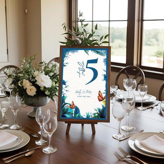 Numéro de table de mariage papillon botanique bleu