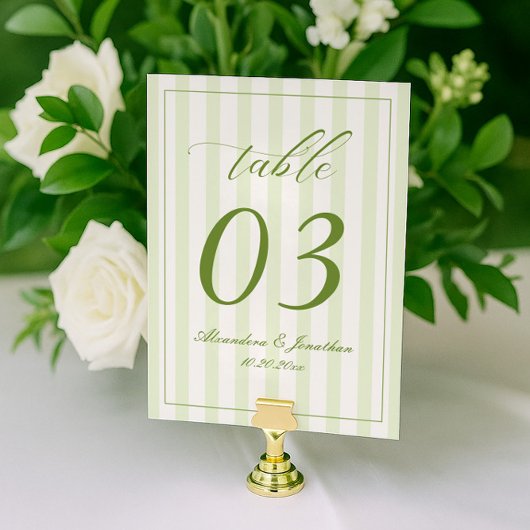 Numéro de table de mariage rayé rétro blanc et ver