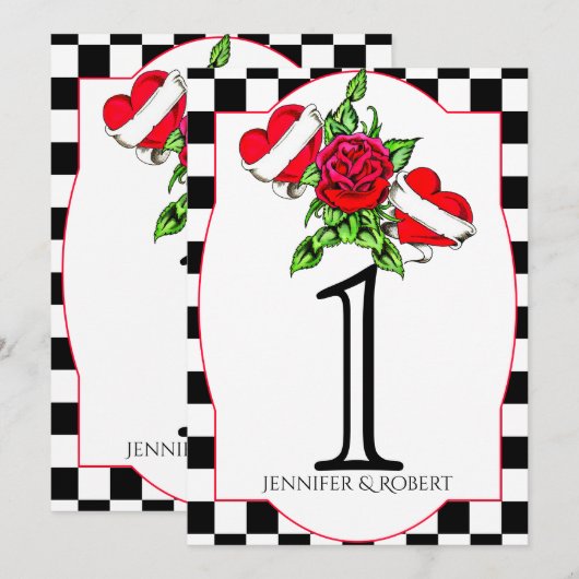 Numéro de table de mariage Rose Cœurs Rockabilly (Devant / Derrière)