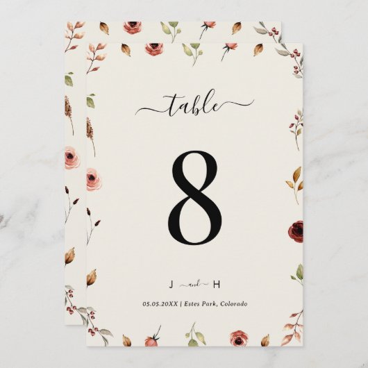 Numéro de table de mariage Rustique Boho Wildflowe (Devant / Derrière)