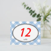 Numéro de table de mariage rustique en vichy bleu (Debout devant)