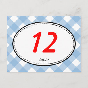 Numéro de table de mariage rustique en vichy bleu