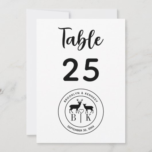 Numéro de table de mariage rustique Monogram Deer (Dos)