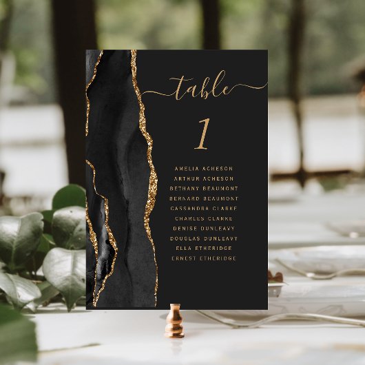 Numéro de table de mariage sombre Black Gold Agate
