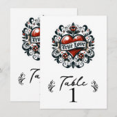 Numéro de table de mariage tatouage coeur d'amour (Devant / Derrière)