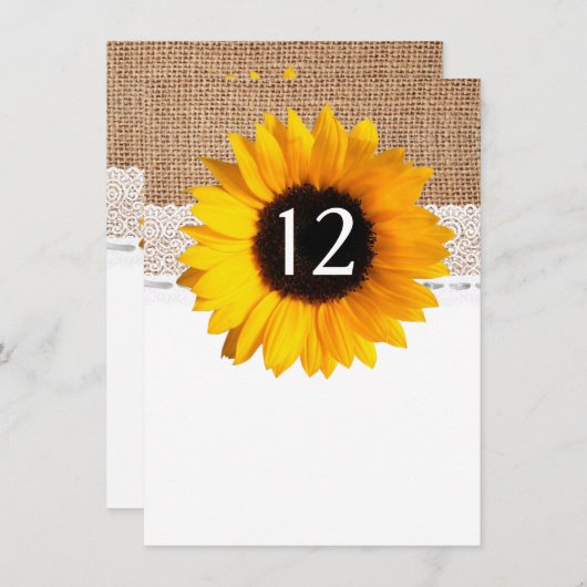 Numéro de table de mariage tournesol Chic Rustique (Devant / Derrière)