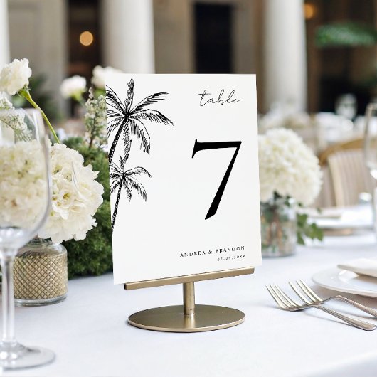 Numéro de table de mariage tropical avec palmier d