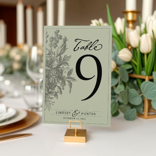 Numéro de table de mariage vert sauge floral vinta
