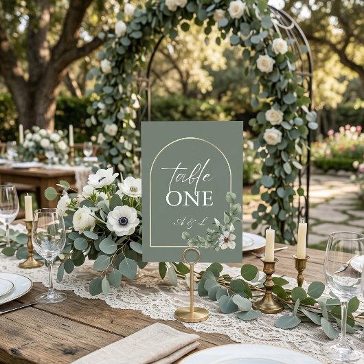 Numéro de table de mariage vert sauge simple et él