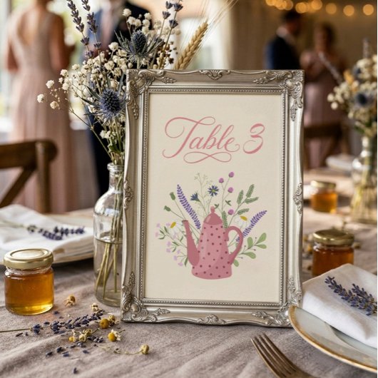 Numéro de table de thé de mariage à théière rose c