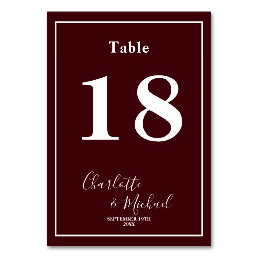 Numéro De Table Deep Burgundy Script Minimalist Wedding (Dos)