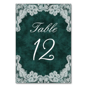Numéro De Table Dentelle blanche sur Emerald Green Faux Velvet