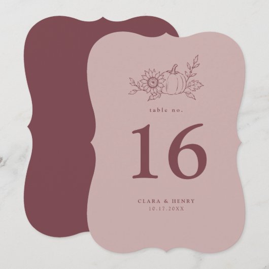 Numéro de table Die Cut Dusty Rose Citrouille Sole (Devant / Derrière)