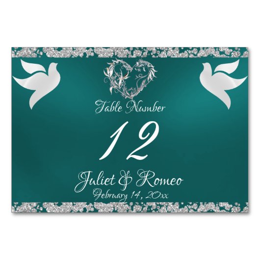 Numéro De Table Doves, Coeur et Parties scintillant - Numéro de ta (Devant)