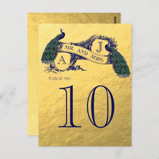 Numéro de table du Mariage Peacock Gold (Devant / Derrière)