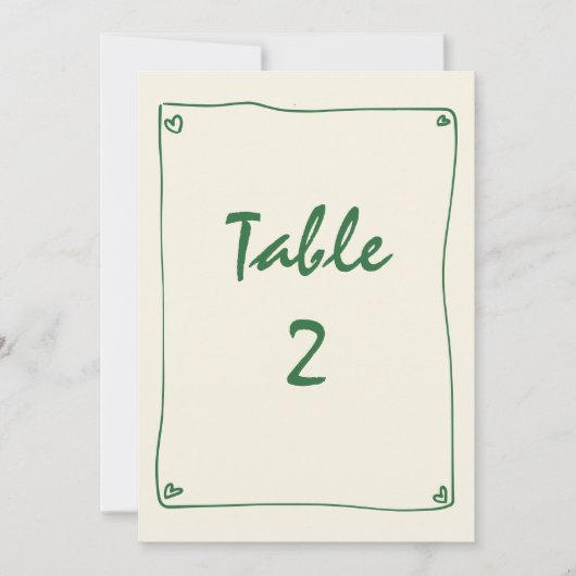 Numéro de table du Mariage vert rétro manuscrit (Devant)