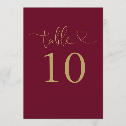 Numéro De Table Du Script Coeur Bourgogne Et Or (Devant)