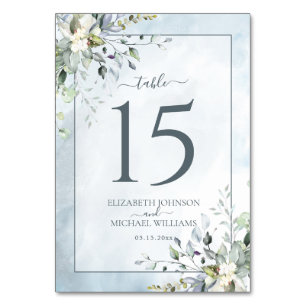 Numéro De Table Dusty Blue Botanical Greenery Mariage d'aquarelle