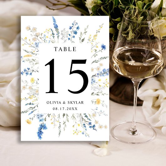 Numéro De Table Dusty Blue Dainty Wild Floral Boho Yellow Mariage