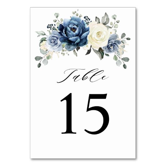 Numéro De Table Dusty Blue Navy Champagne Ivory Floral Mariage (Dos)