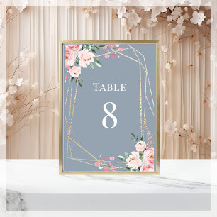 Numéro De Table Dusty Blue Or Mariage floral rose pâle