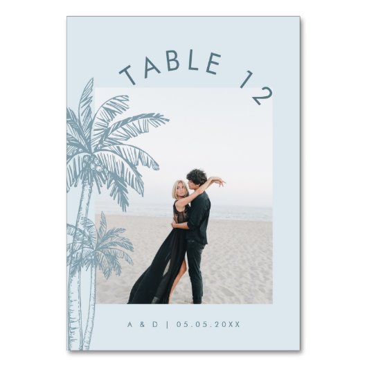Numéro De Table Dusty Blue Photo Boho Tropical Palm Tree Mariage (Dos)
