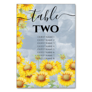 Numéro De Table Dusty Blue Watercolor Sunflowers Monogram Mariage