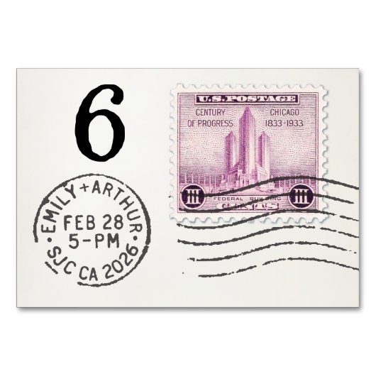 Numéro De Table E&A Wedding Reception Table Card 6 Chicago (Dos)