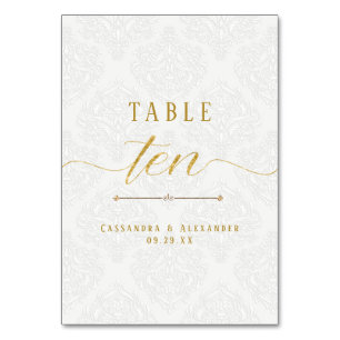 Numéro De Table Écriture Élégante Blanc Dentelle Or Mariage Dix 10
