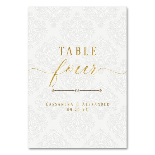 Numéro De Table Écriture élégante Broderie blanche Or 4 Quatre Mar (Par défaut)