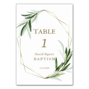 Numéro De Table Elégant Aquarelle Olive Feuille Gold Baptême