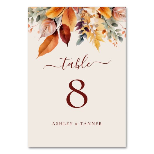 Numéro De Table Élégant automne Feuilles Mariage automne (Dos)