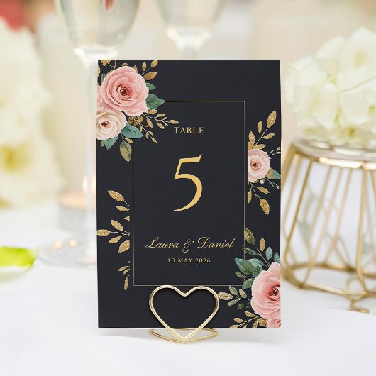 Numéro De Table Elegant Black & Gold Roses Wedding Table Number